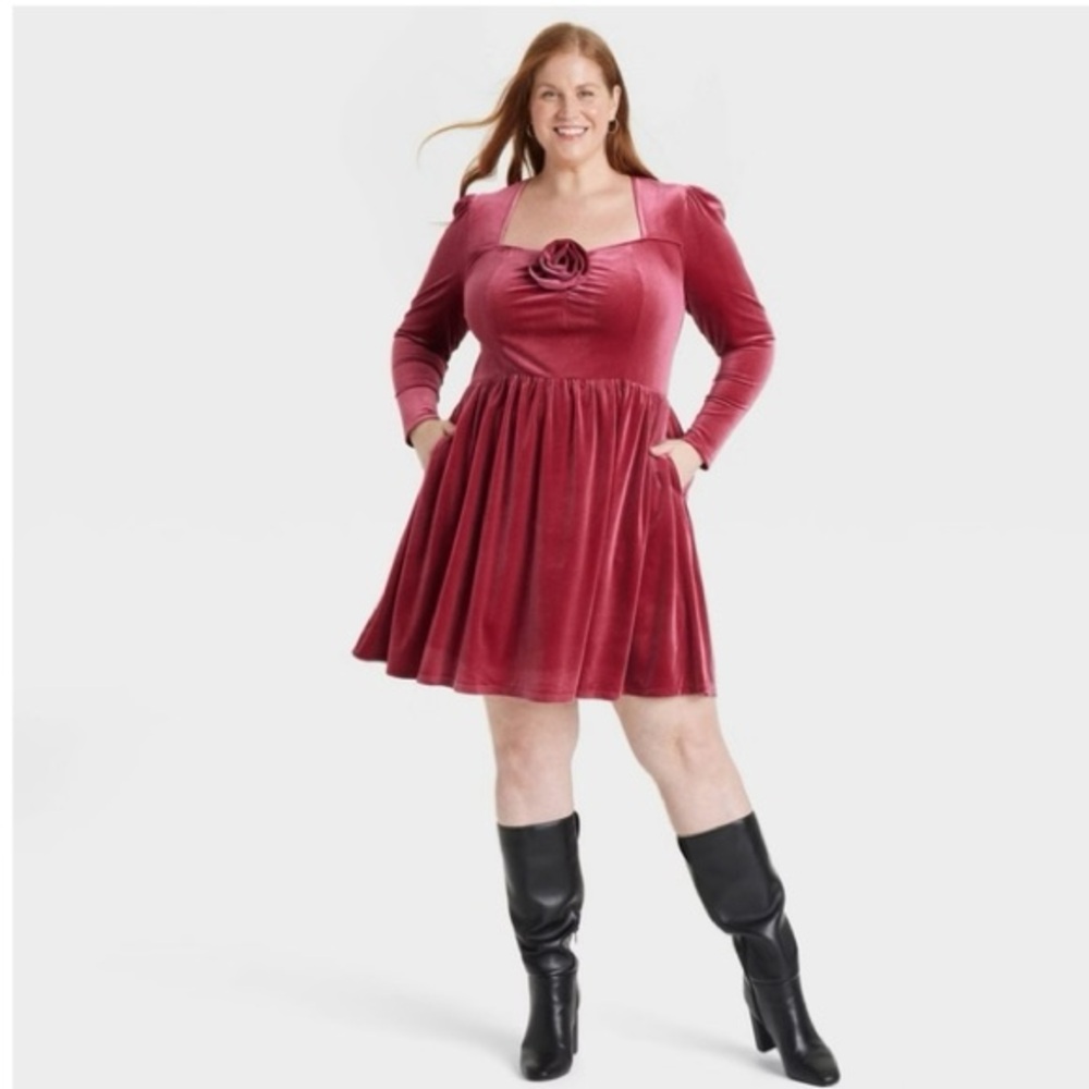 Ava & Viv Velvet Long Sleeve Dress in Deep Pink